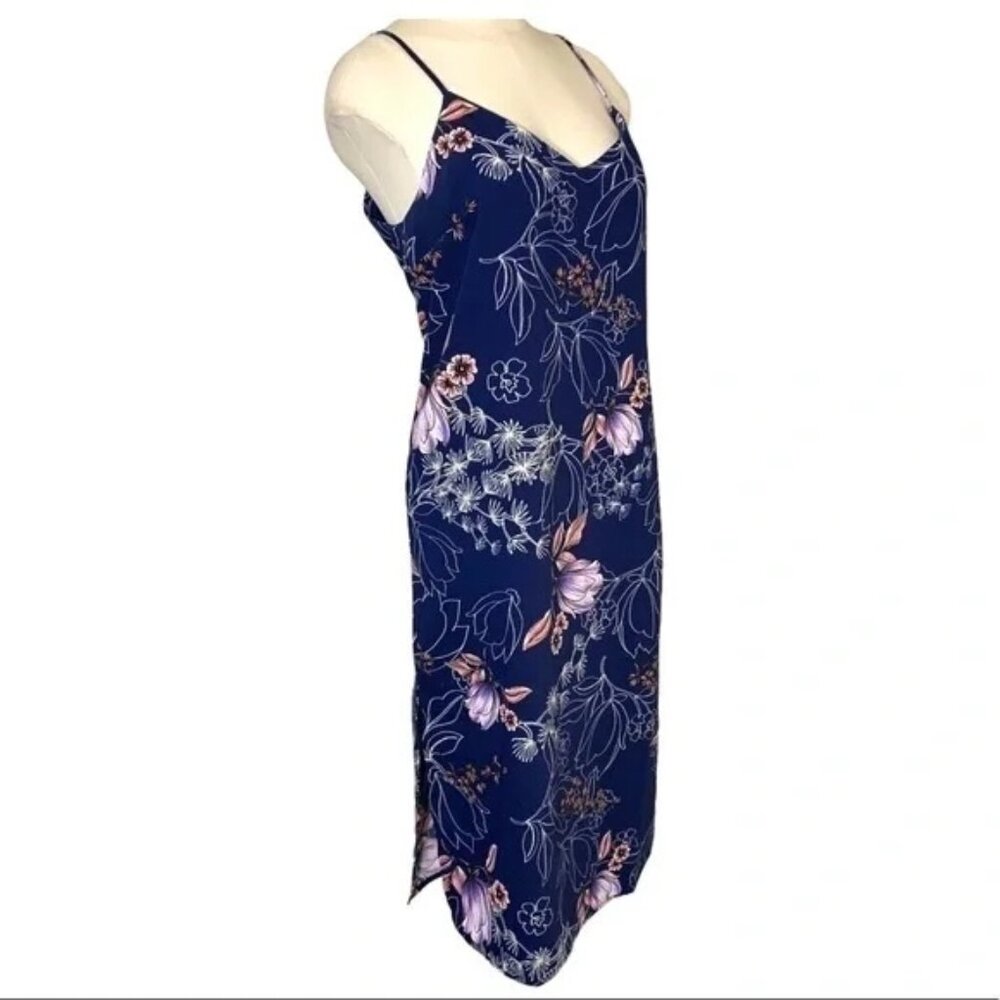 COPY - CYNTHIA Rowley Floral Navy Blue Flowy Shift Midi Dress Relax Fit Fine St…